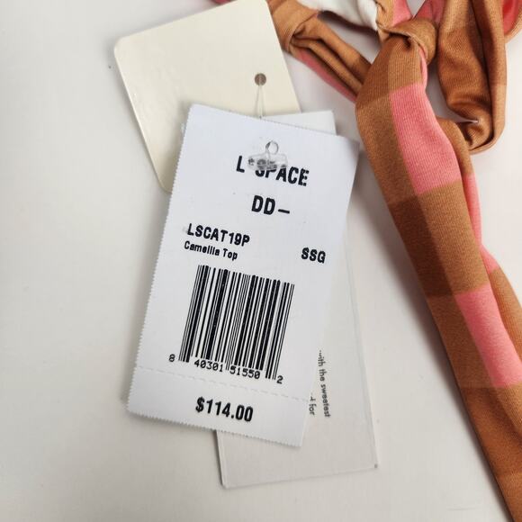 L*Space Camellia Bikini Top in Gingham Plaid Pink Brown Size DD NWT Underwire - Picture 4 of 5